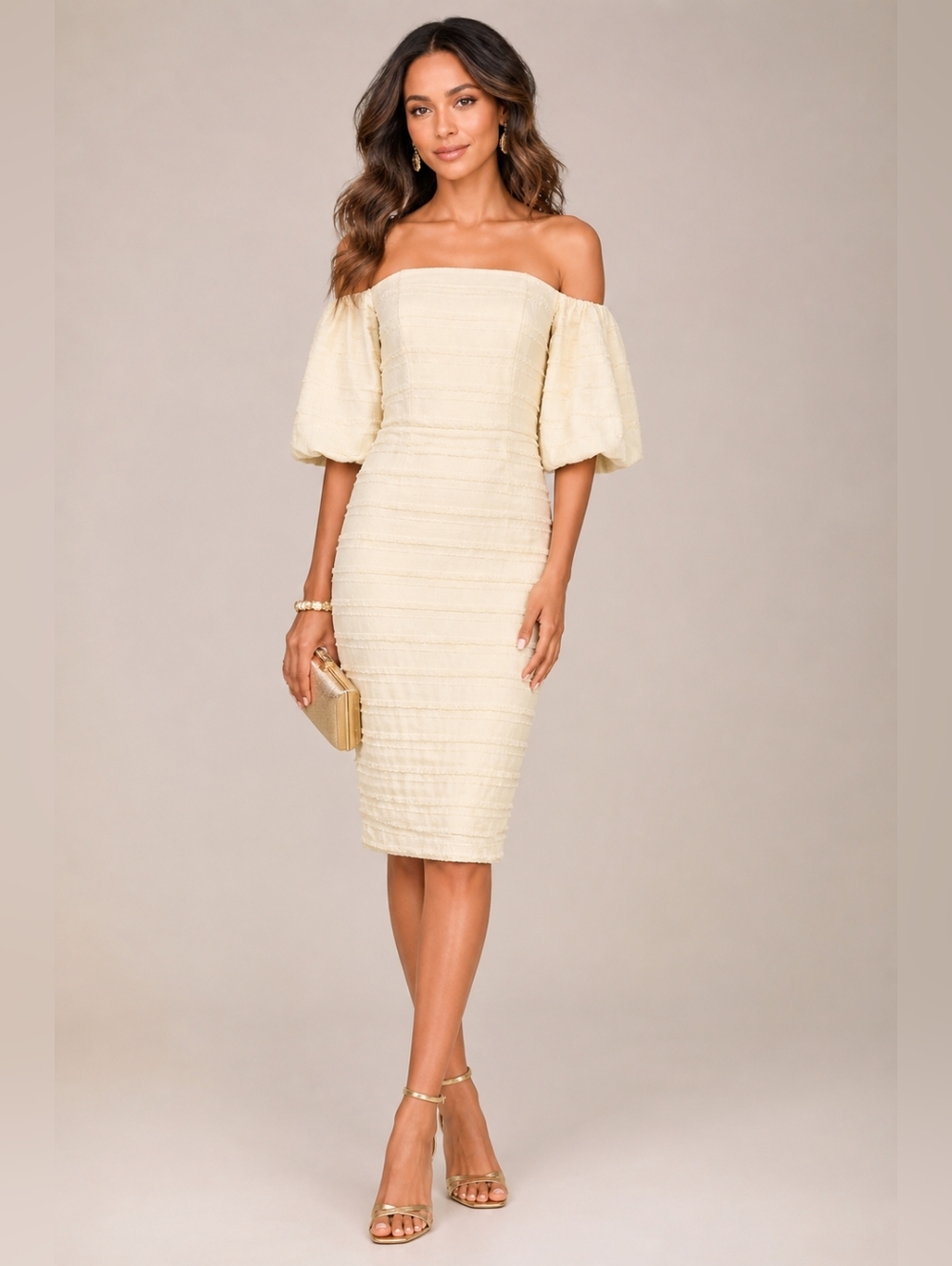 NWT Belle by Badgley Mischka Fringe Linen Off Shoulder Puff Sleeve Midi Dress